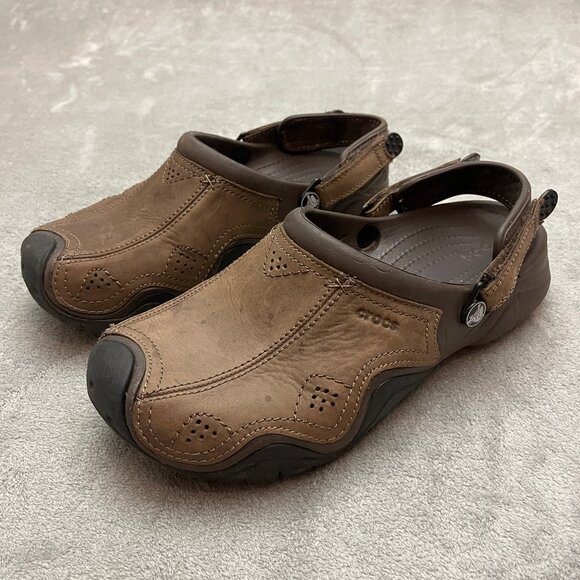 CROCS Swiftwater Brown Leather Slingback Slip On Clogs Men's Size 10 - Picture 1 of 12